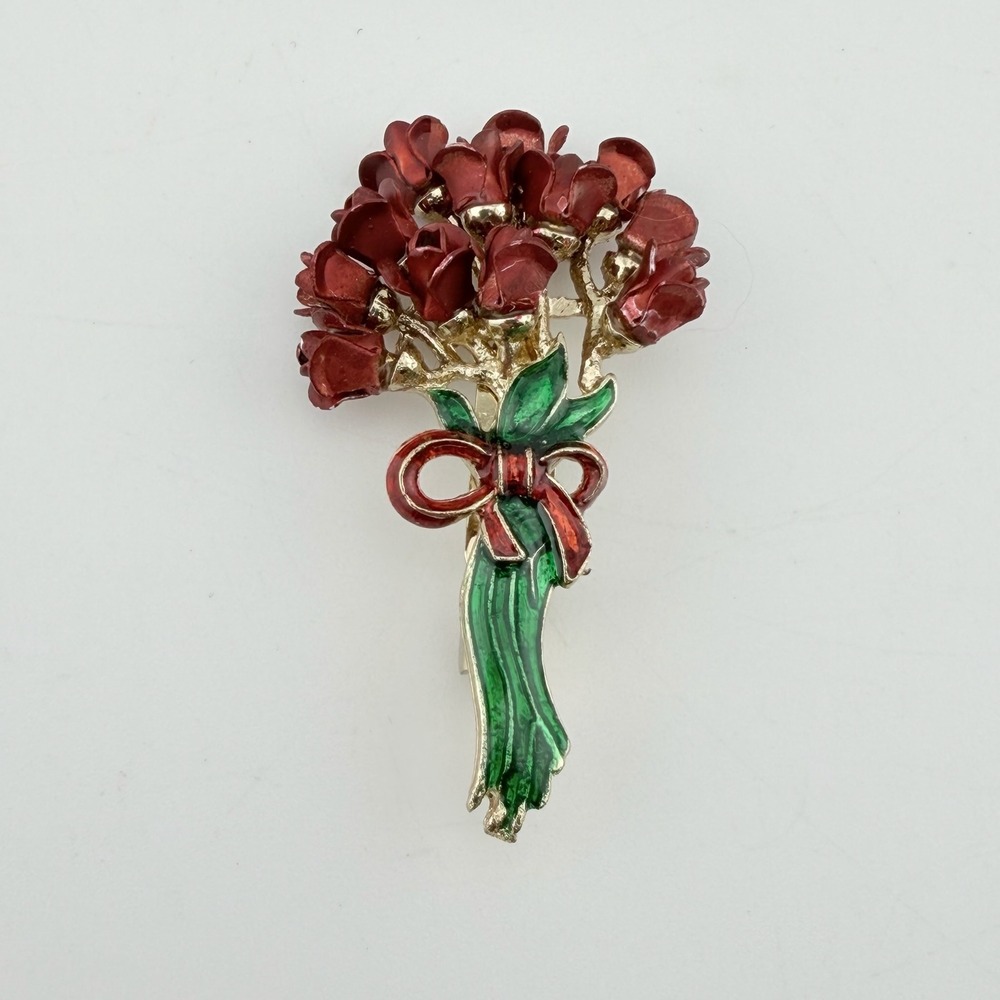 Rose Bouquet Brooch‎ Red Good Enamel Floral Gold Tone Pin